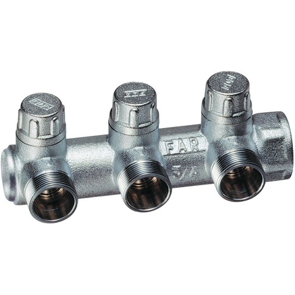 FAR Концевой запорный коллектор FAR FK 3869 3/4" с 3 отводами 1/2" Flat-Faced